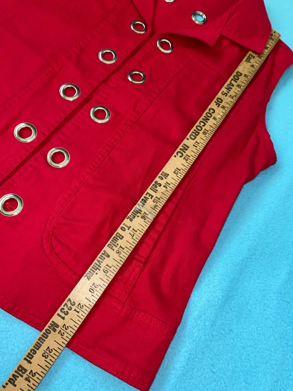 TIA DESIGNS denim vintage red vest silver grommet details 2 front pockets size M